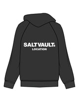 The Mens Zip Hoodie - Washed Black - Saltvault Location - Left Chest & Back Location - Printed - White