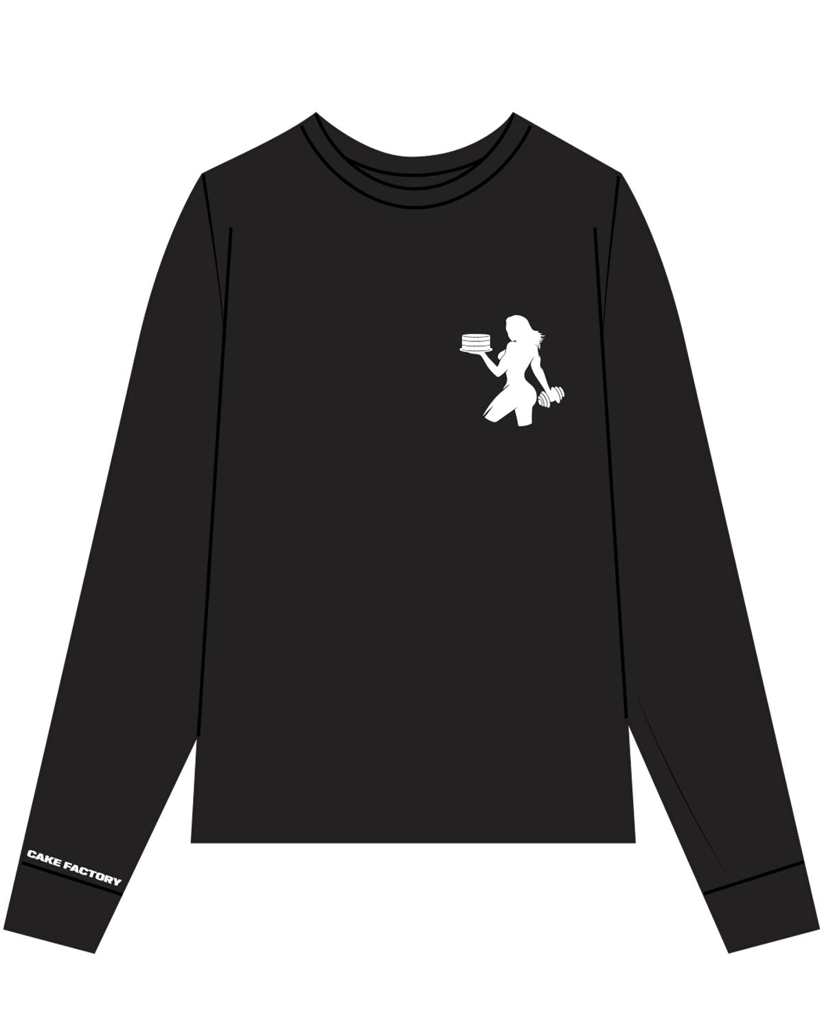 The Womens Heavyweight Long Sleeve - Washed Black - Cake Factory - Right Cuff & Left Chest - White