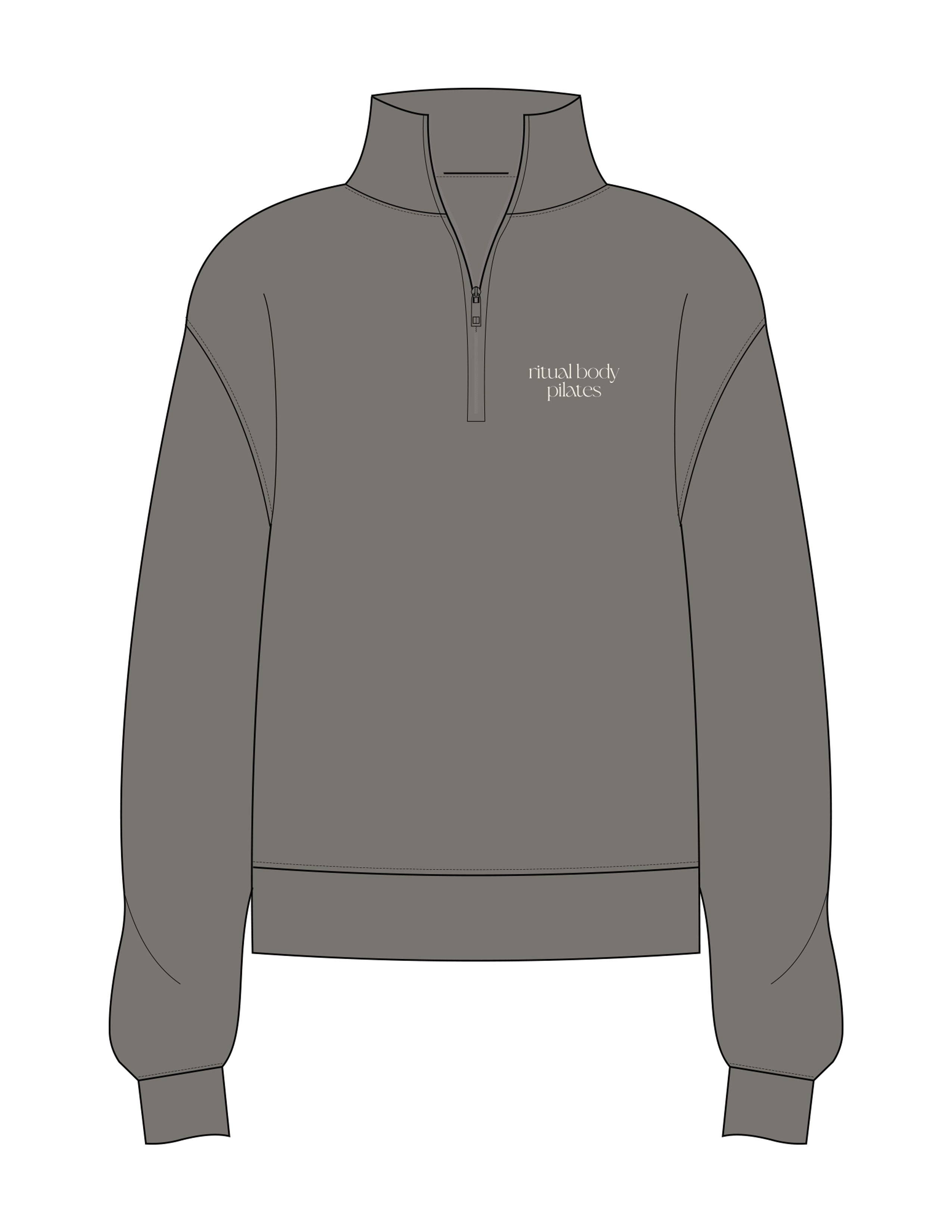 The Womens 1/4 Zip - Washed Gray - Ritual Body - Left Chest Stacked - Printed - Off White
