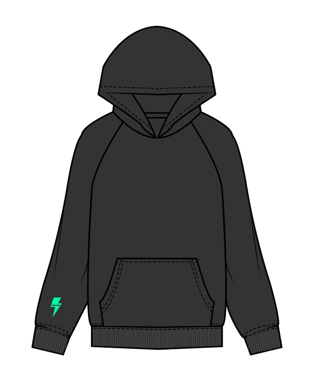 The Mens Hoodie - Washed Black - HiLo - Right Bottom Sleeve - Printed - Green