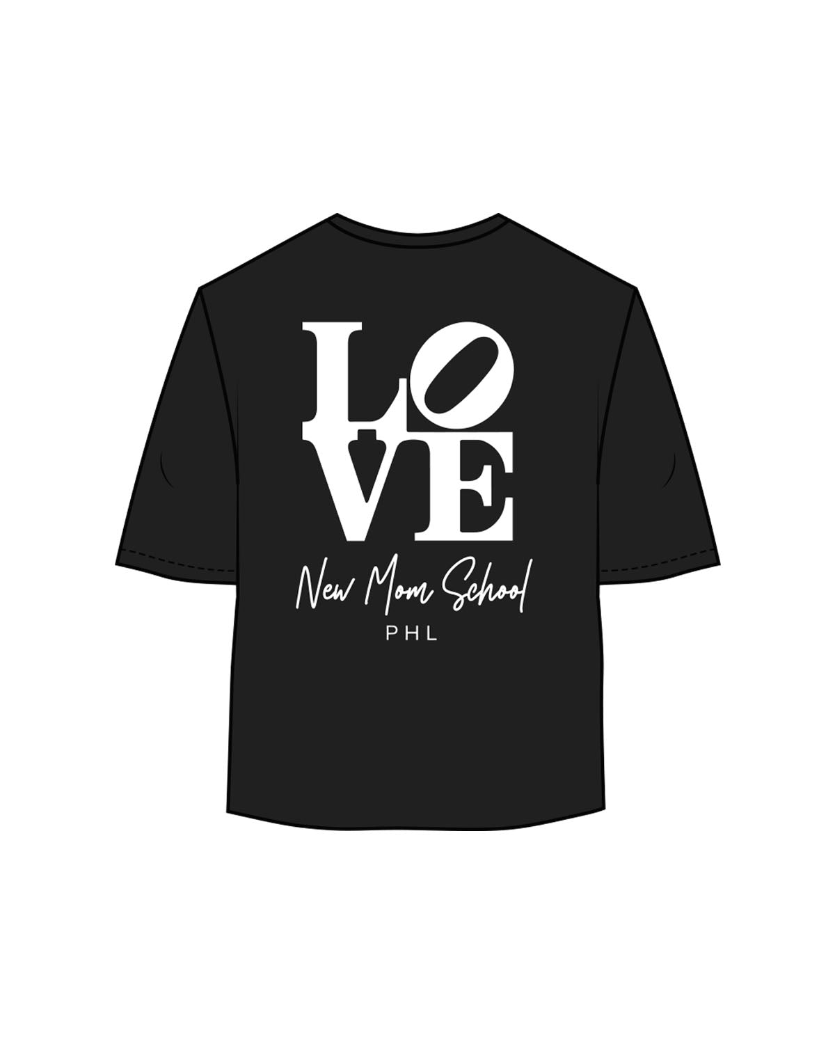 The Oversized Crop Tee - Black - New Mom School - Left Chest Logo & Center Back Stacked - Printed - White