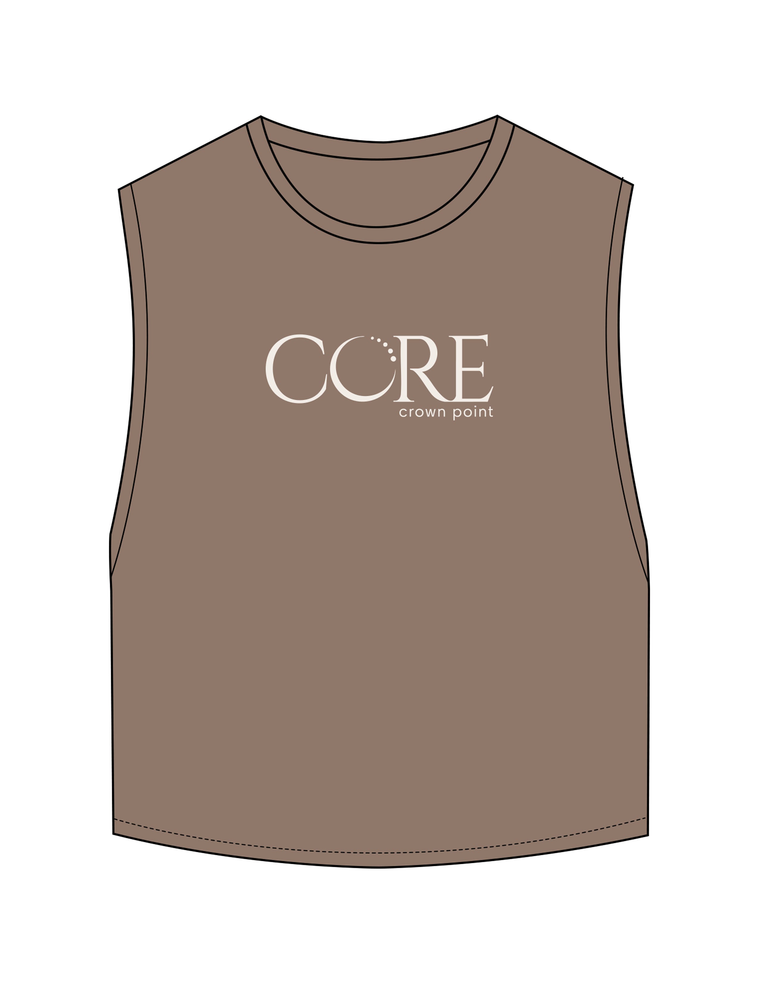 The Crop Muscle Tank - Cacao - Core Crown Point - Center Chest Stacked - Printed - Ivory