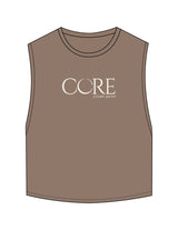 The Crop Muscle Tank - Cacao - Core Crown Point - Center Chest Stacked - Printed - Ivory