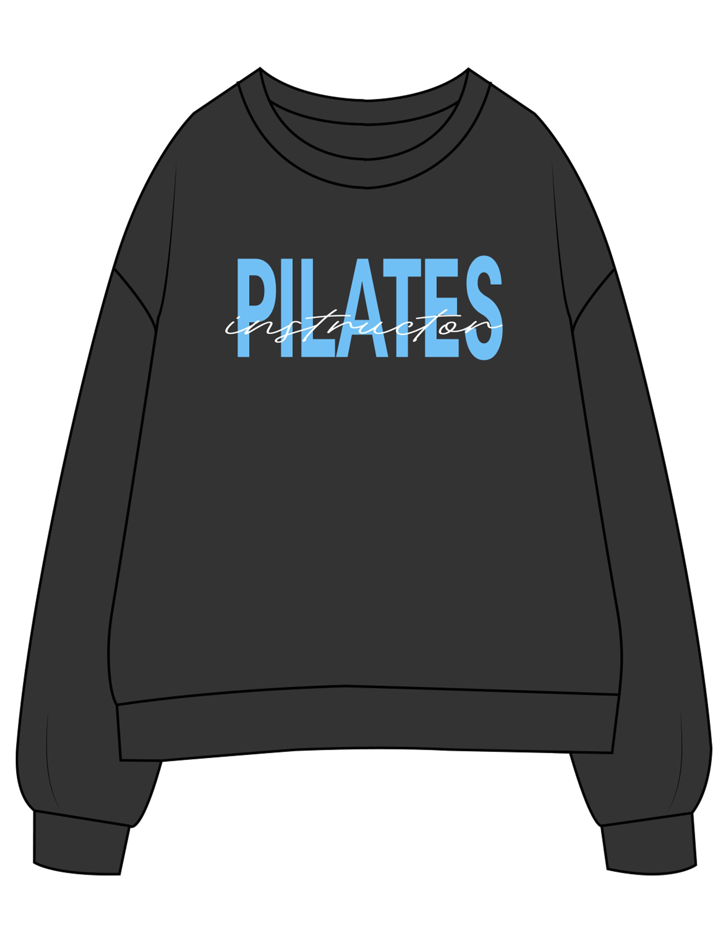 The Womens Crewneck - Washed Black - Powerhouse Fitness - Center Chest "PILATES"  & Back Left Sleeve - Printed - Full Color