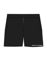 The Womens Sweat Shorts - Black - Haus of Fitness - Left Leg - Printed - White