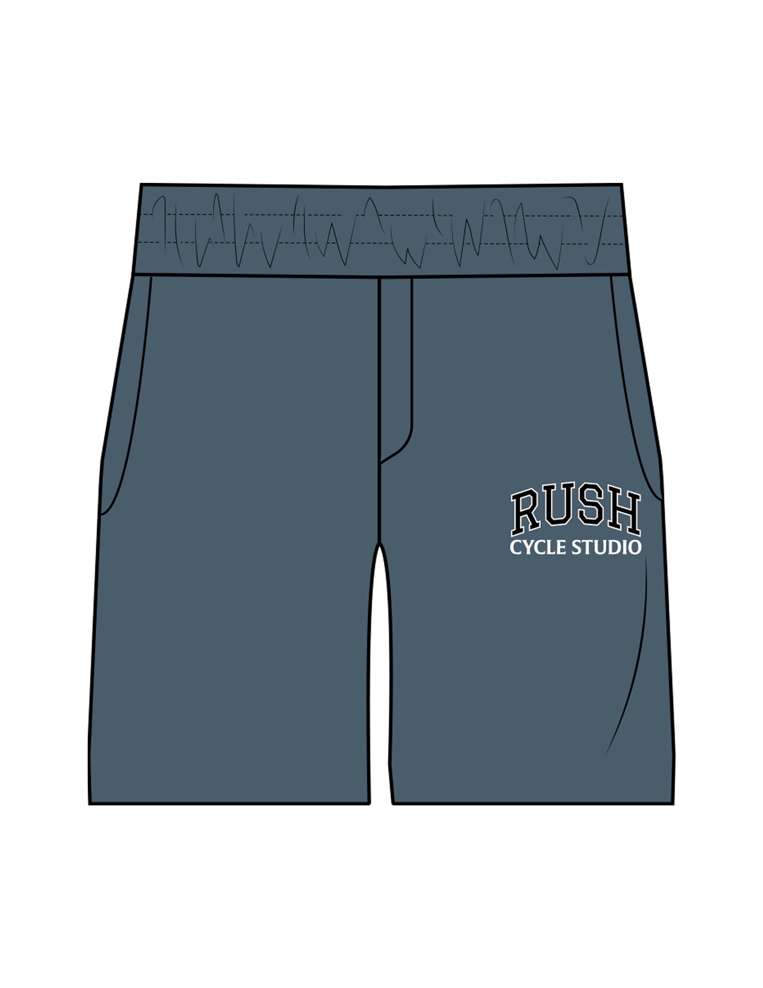 The Mens Beach Short - Petrol Blue - Rush Cycle Studio - Left Leg Stacked - Printed - Full Color