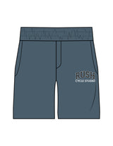 The Mens Beach Short - Petrol Blue - Rush Cycle Studio - Left Leg Stacked - Printed - Full Color