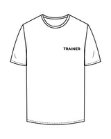 The Mens Tee - White - Heroes Fitness - Left Chest "TRAINER" & Back Stacked - Printed - Black
