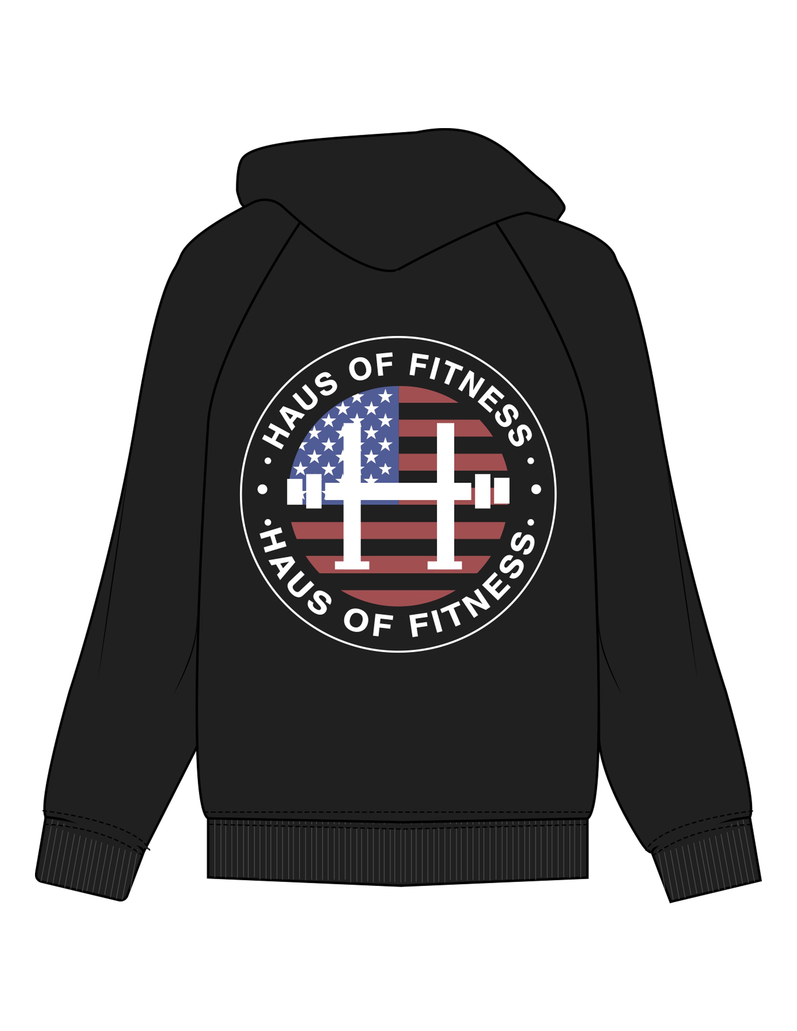 The Mens Heavyweight Zip Hoodie - Black - Haus of Fitness - Left Chest Stacked & Back Round - Printed - Full Color