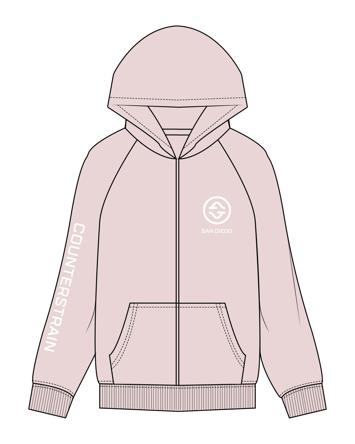 The Recycled Unisex Zip Hoodie - Blush - Counterstrain - Right Sleeve & Left Chest - White