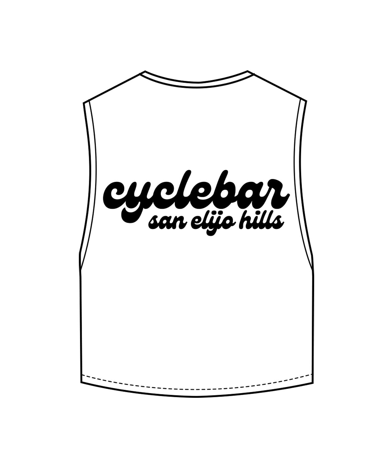 The Crop Muscle Tank - White - Cyclebar - Left Chest Star & Back Stacked - Printed - Black