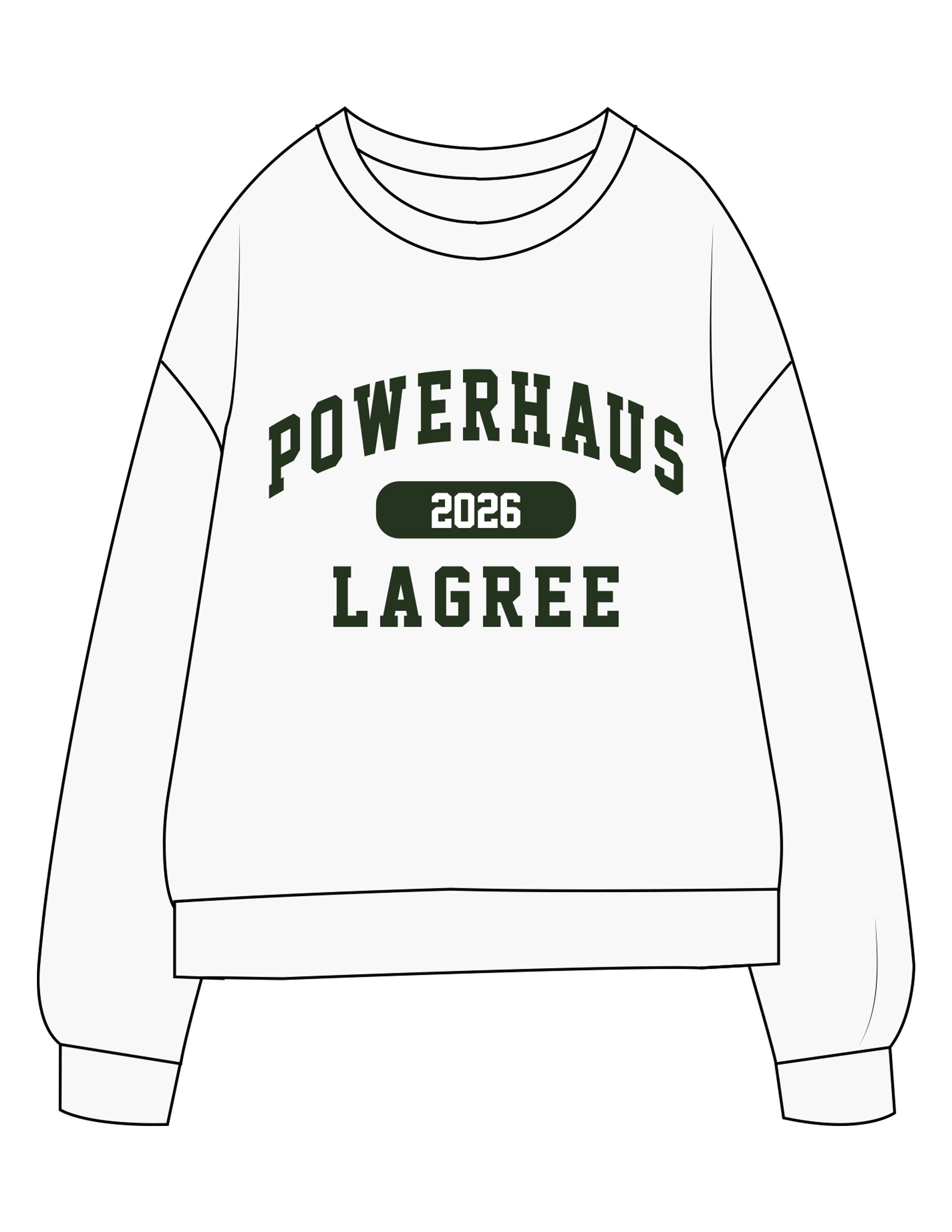 The Midweight Unisex Crewneck - Washed White - Powerhaus Lagree - Chest Stacked & Back Stacked - Printed - Full Color