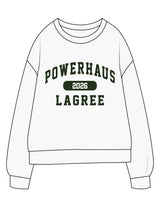 The Midweight Unisex Crewneck - Washed White - Powerhaus Lagree - Chest Stacked & Back Stacked - Printed - Full Color