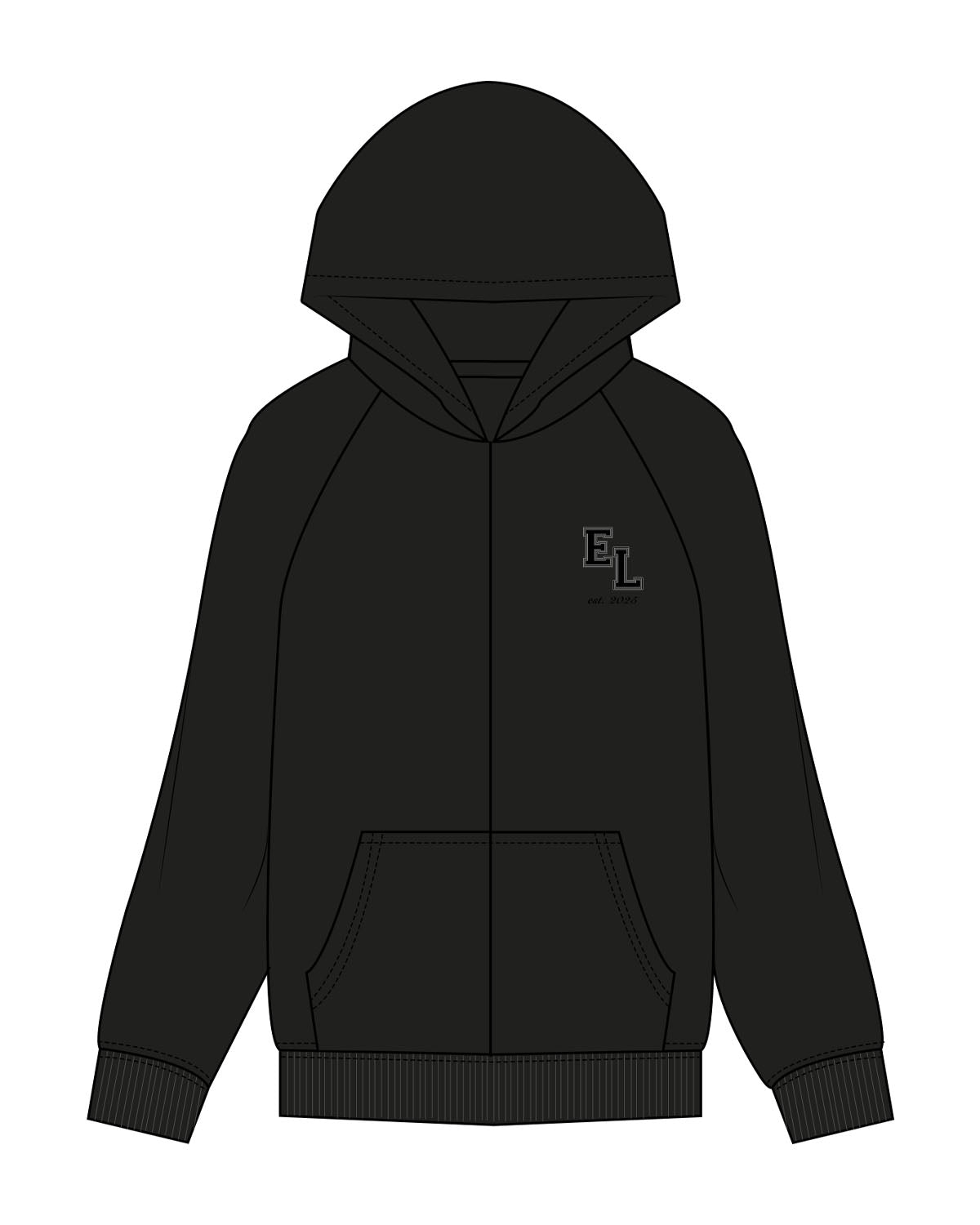The Womens Zip Hoodie - Black - enCore Pilates - Left Chest Stacked "EL EST.2025" - Embroidered - Full Color