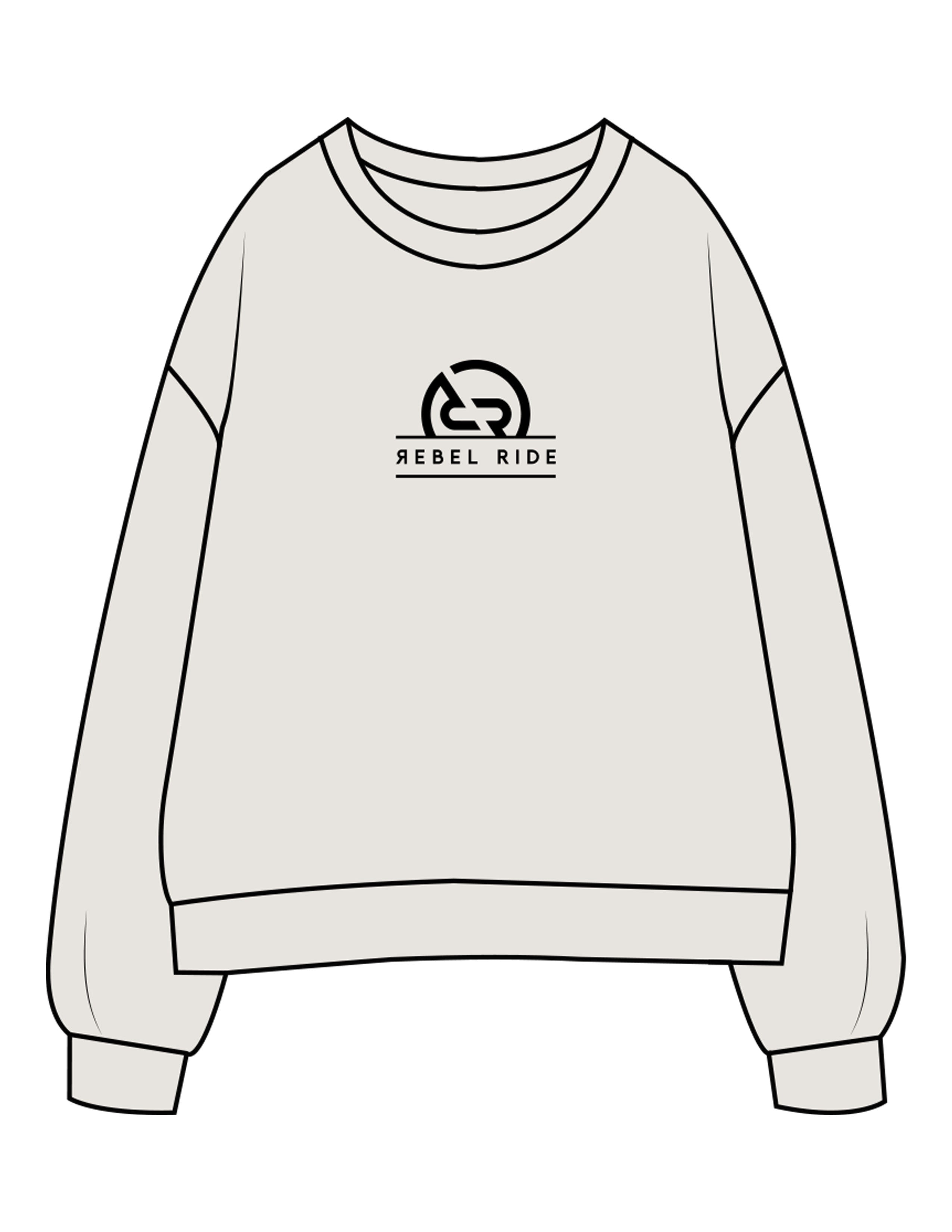 The Womens Crewneck - Washed Bone - Rebel Ride - Center Chest Stacked - Printed - Black