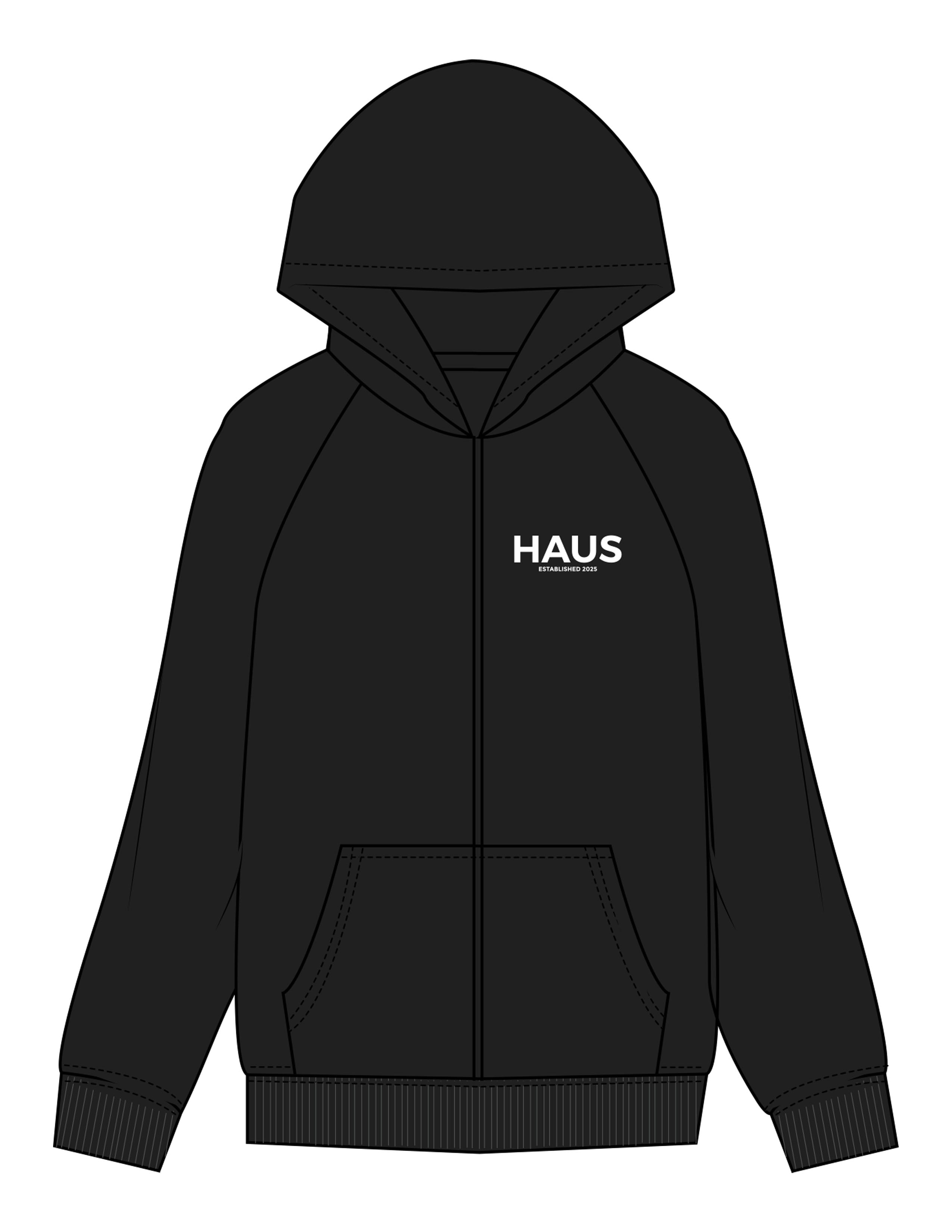 The Mens Heavyweight Zip Hoodie - Black - Haus of Fitness - Left Chest Stacked & Back Round - Printed - Full Color