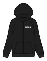 The Mens Heavyweight Zip Hoodie - Black - Haus of Fitness - Left Chest Stacked & Back Round - Printed - Full Color
