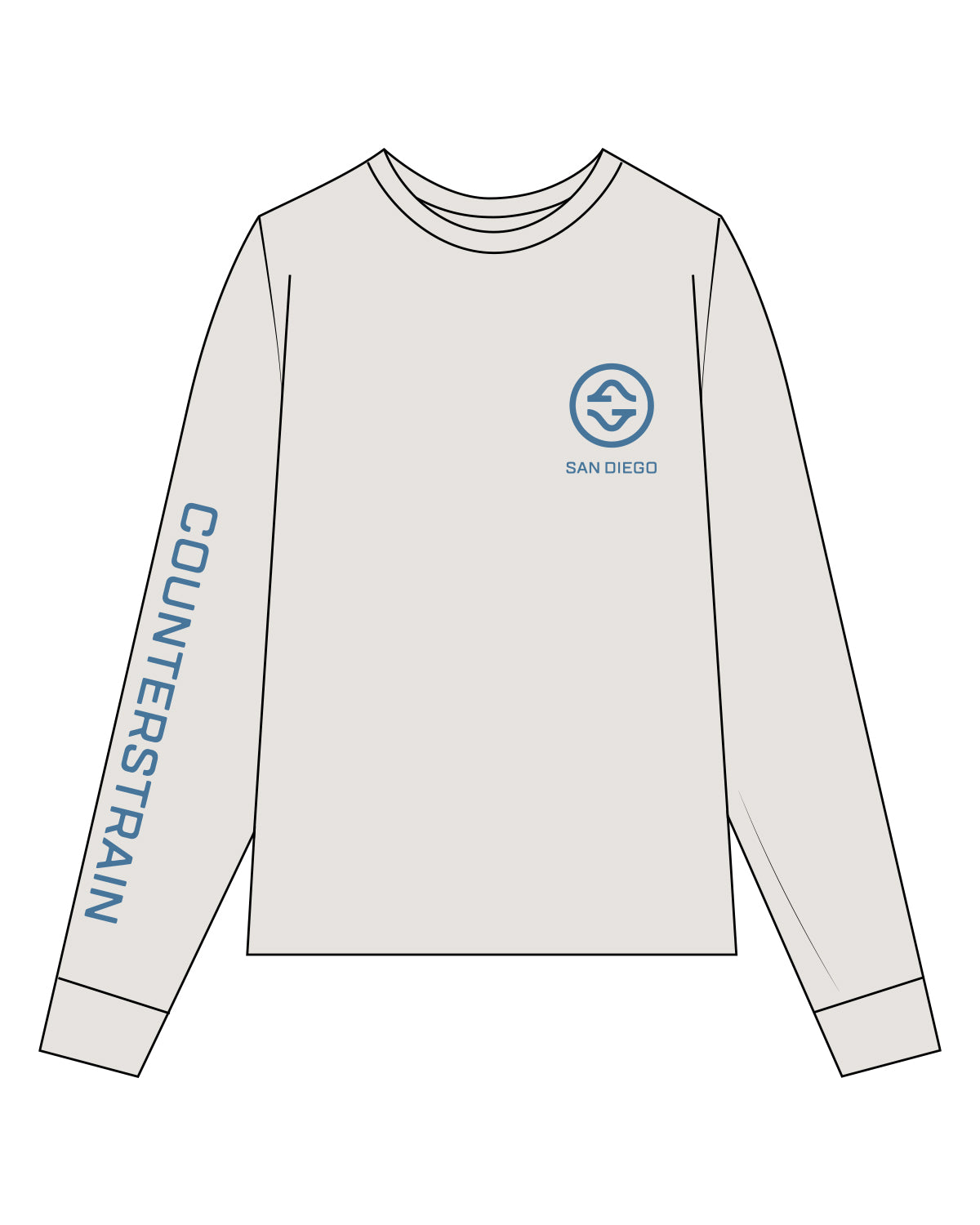 The Womens Heavyweight Long Sleeve - Washed Bone - Counterstrain - Right Sleeve & Left Chest -  Counterstrain Blue