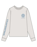 The Womens Heavyweight Long Sleeve - Washed Bone - Counterstrain - Right Sleeve & Left Chest -  Counterstrain Blue