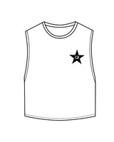 The Crop Muscle Tank - White - Cyclebar - Left Chest Star & Back Stacked - Printed - Black