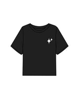 The Boxy Crop Tee - Black - New Mom School - Left Chest Logo & Center Back Stacked - Printed - White