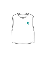 The Crop Muscle Tank - White - Reform Studios - Left Chest & Back Vertical - Printed - Teal