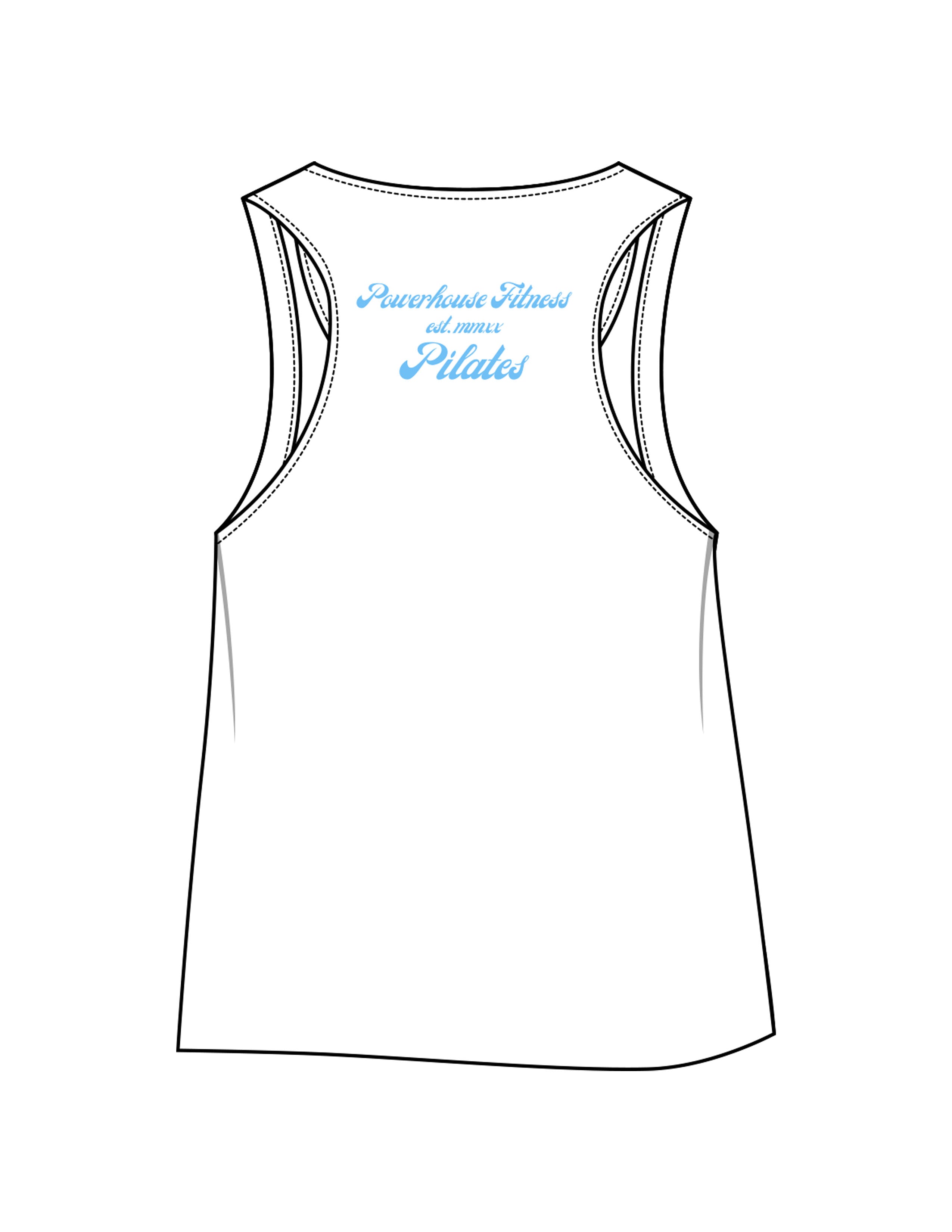 The Crop Tank - White - Powerhouse Fitness - Left Chest & Back Stacked - Pilates - Printed - Teal