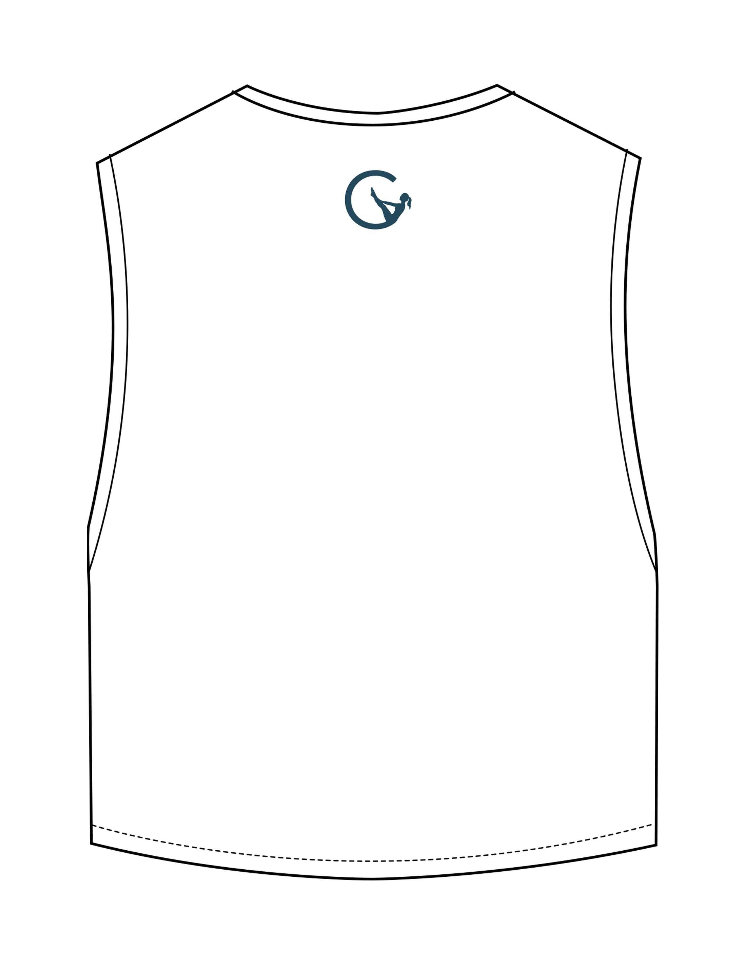 The Crop Muscle Tank - White - Movement With Chels - Center Chest & Back Neckline - Printed - Dark Blue