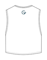 The Crop Muscle Tank - White - Movement With Chels - Center Chest & Back Neckline - Printed - Dark Blue