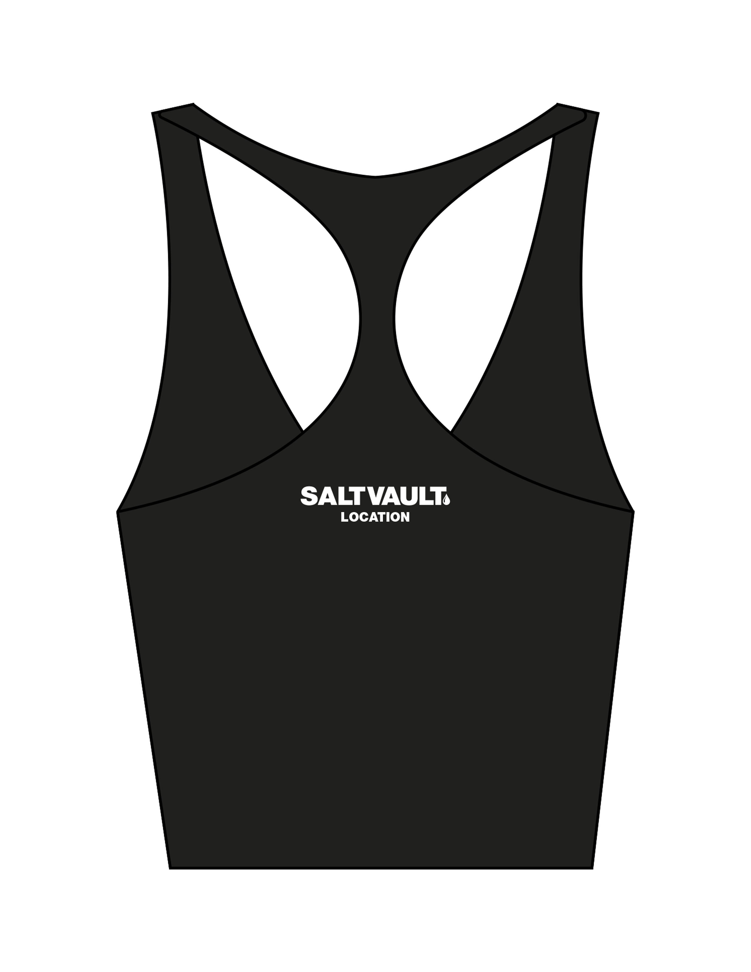 The Racer Tank - Black - Saltvault Location - Left Chest & Center Back Location - Printed - White