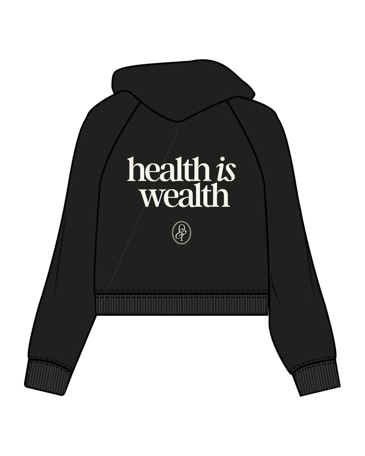 The Womens Crop Hoodie - Black - Onyx & Ivory - Center Chest Arc Stacked & Back Stacked - Printed - Off White
