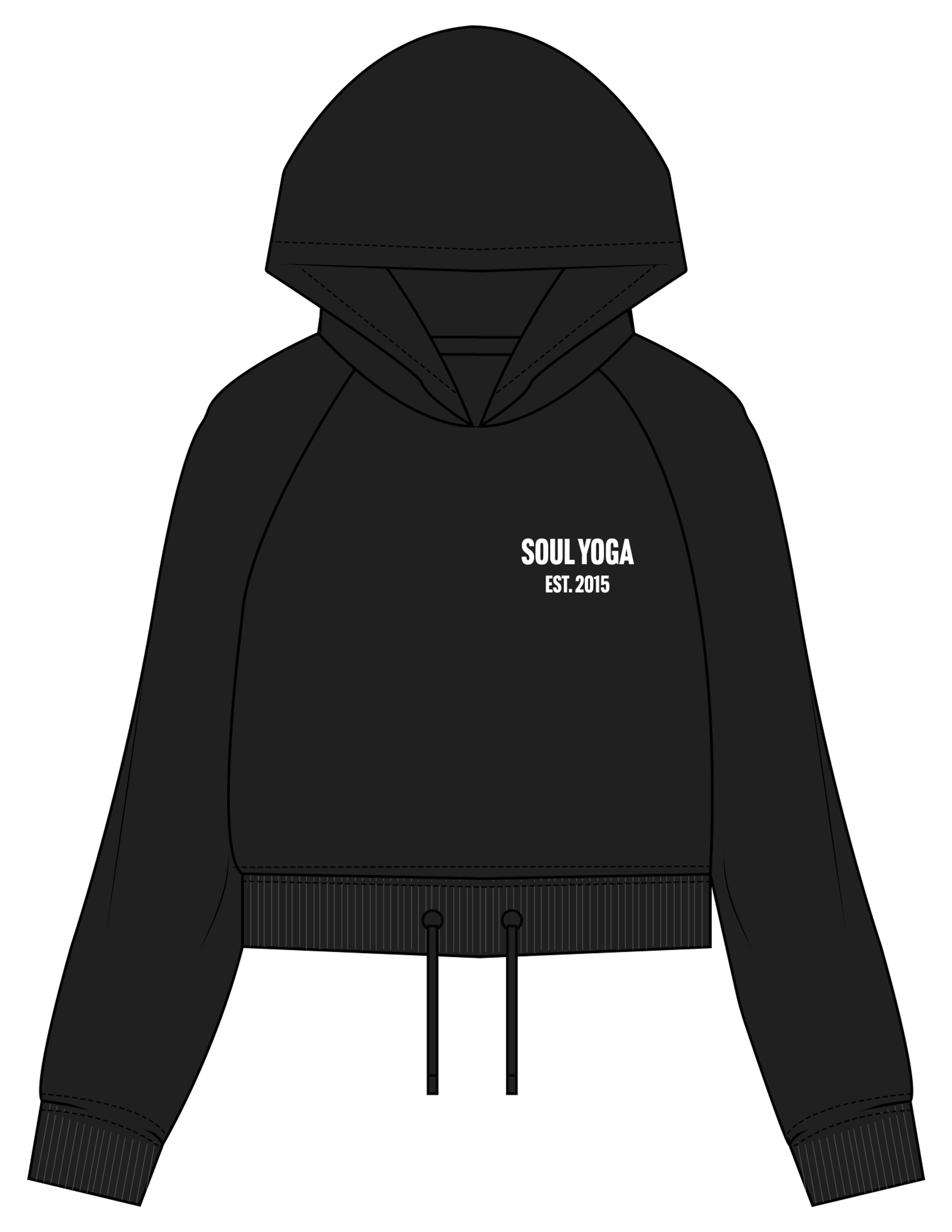 The Cropped Drawstring Hoodie - Black - SOUL YOGA - Left Chest Stacked - Printed - White