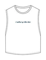 The Crop Muscle Tank - White - Movement With Chels - Center Chest & Back Neckline - Printed - Dark Blue