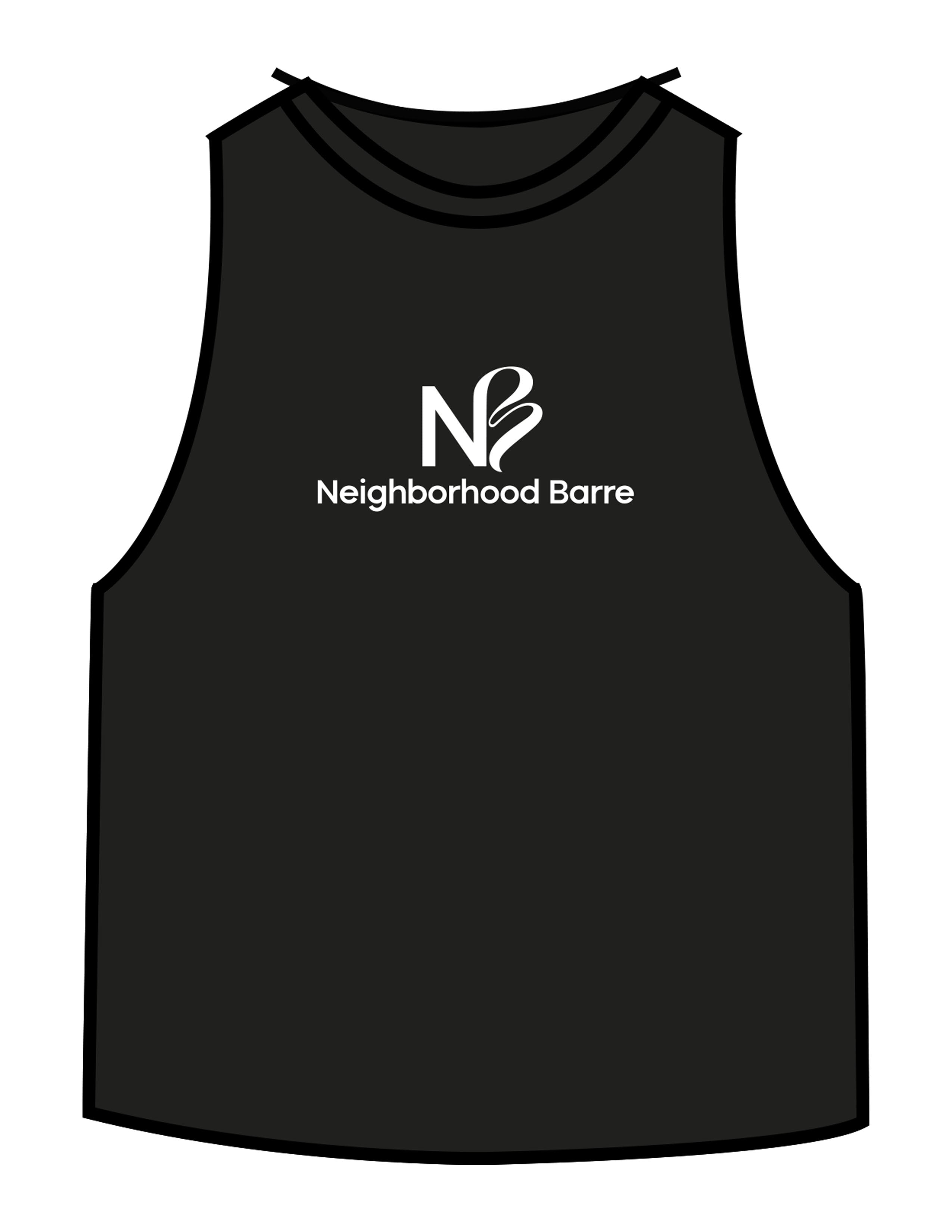 The Crop Muscle Racerback - Black - Neighborhood Barre - Center Chest Stacked - Printed - White