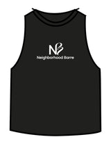The Crop Muscle Racerback - Black - Neighborhood Barre - Center Chest Stacked - Printed - White