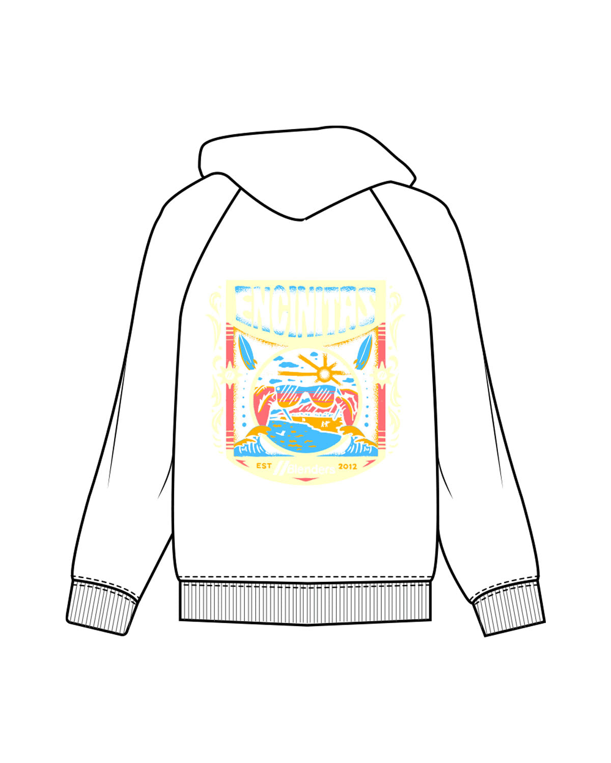 The Mens Hoodie - White - Blenders - Left Chest & Back "ENCINITAS" - Printed - Full Color