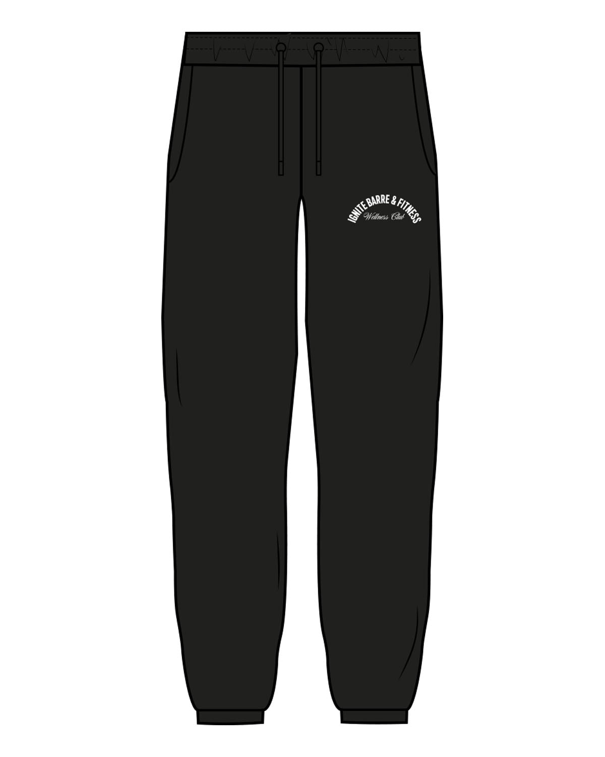 The Womens Classic Sweatpants - Black - Ignite Barre & Fitness - Left Leg - Embroidered - White