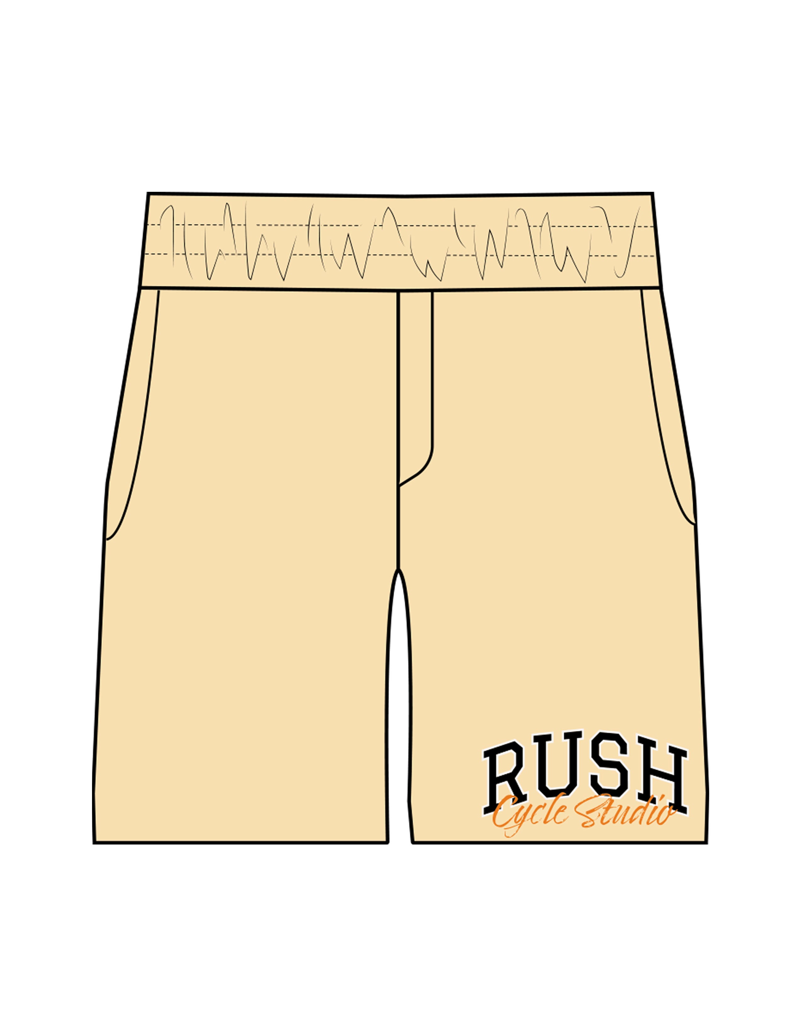 The Mens Beach Short - Butter - Rush Cycle Studio - Left Leg Stacked - Printed - Full Color