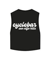 The Crop Muscle Tank - Black - Cyclebar - Left Chest Star & Back Stacked - Printed - White