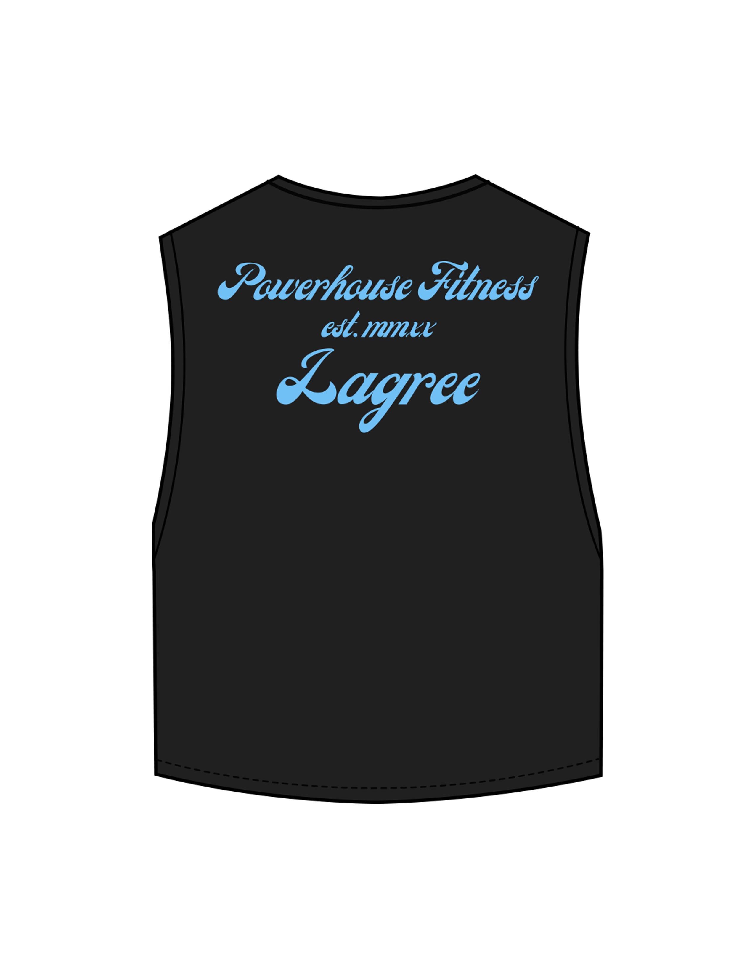 The Crop Muscle Tank - Black - Powerhouse Fitness - Center Chest & Back Stacked - "Lagree " Printed - Teal