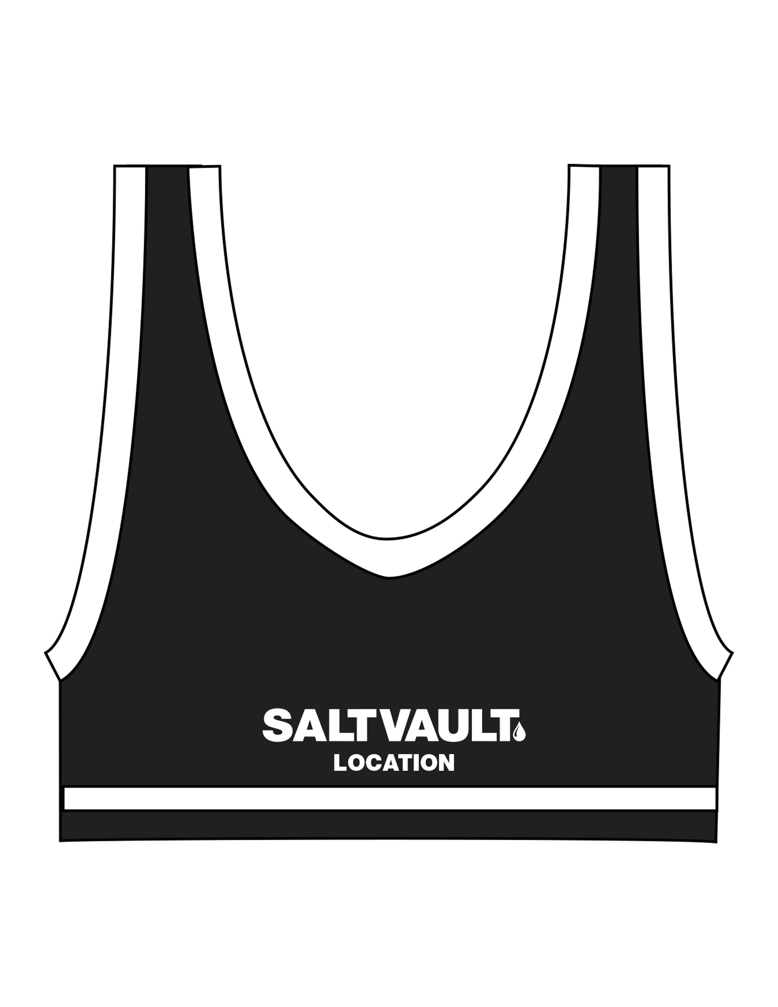 The Piped Bra - Black - Saltvault Location - Left Chest & Center Back Location - Printed - White