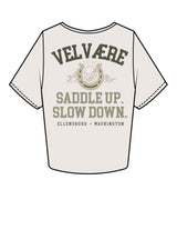 The Crop Tee - Bone - Velvaere -  Left Chest & Back Stacked "SADDLE UP" - Printed - Full Color