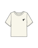 The Boxy Crop Tee - Off White - New Mom School - Left Chest Logo & Center Back Stacked - Printed - Black