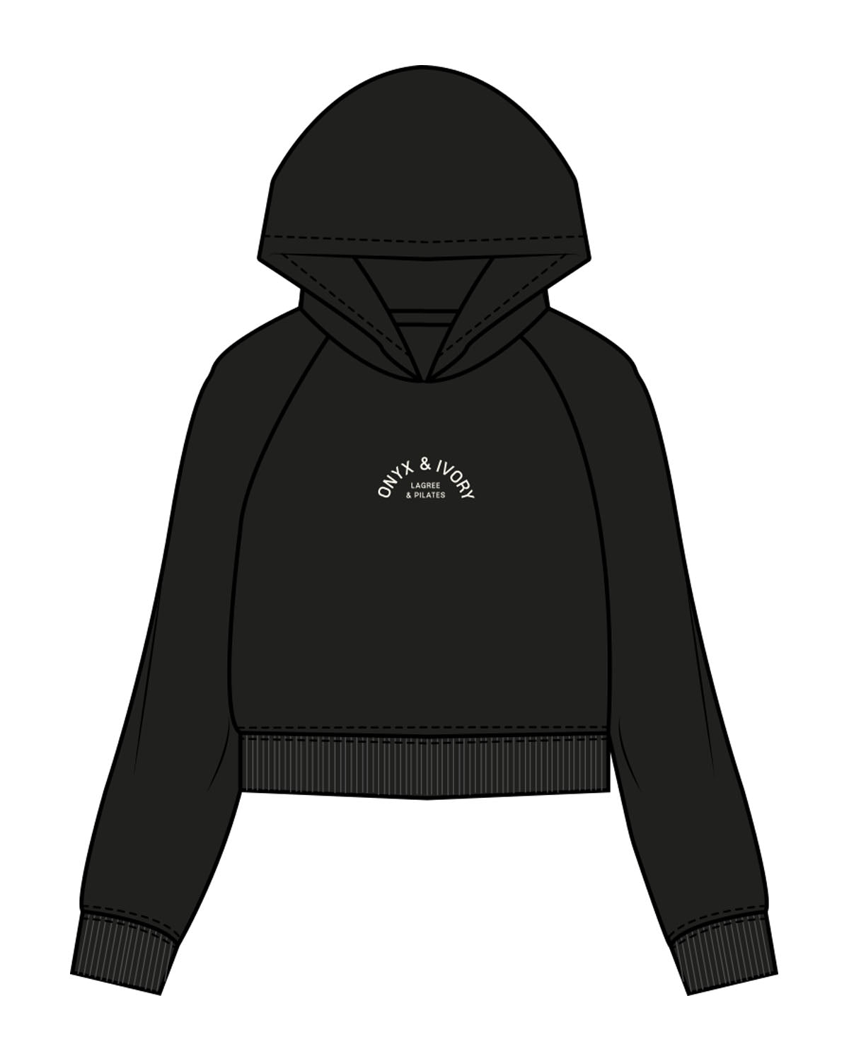 The Womens Crop Hoodie - Black - Onyx & Ivory - Center Chest Arc Stacked & Back Stacked - Printed - Off White