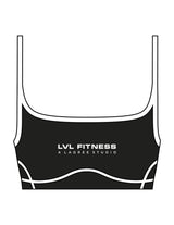 The Piped Scoop Sports Bra - Black - LVL - Center Chest Stacked & Back Icon - Printed - White