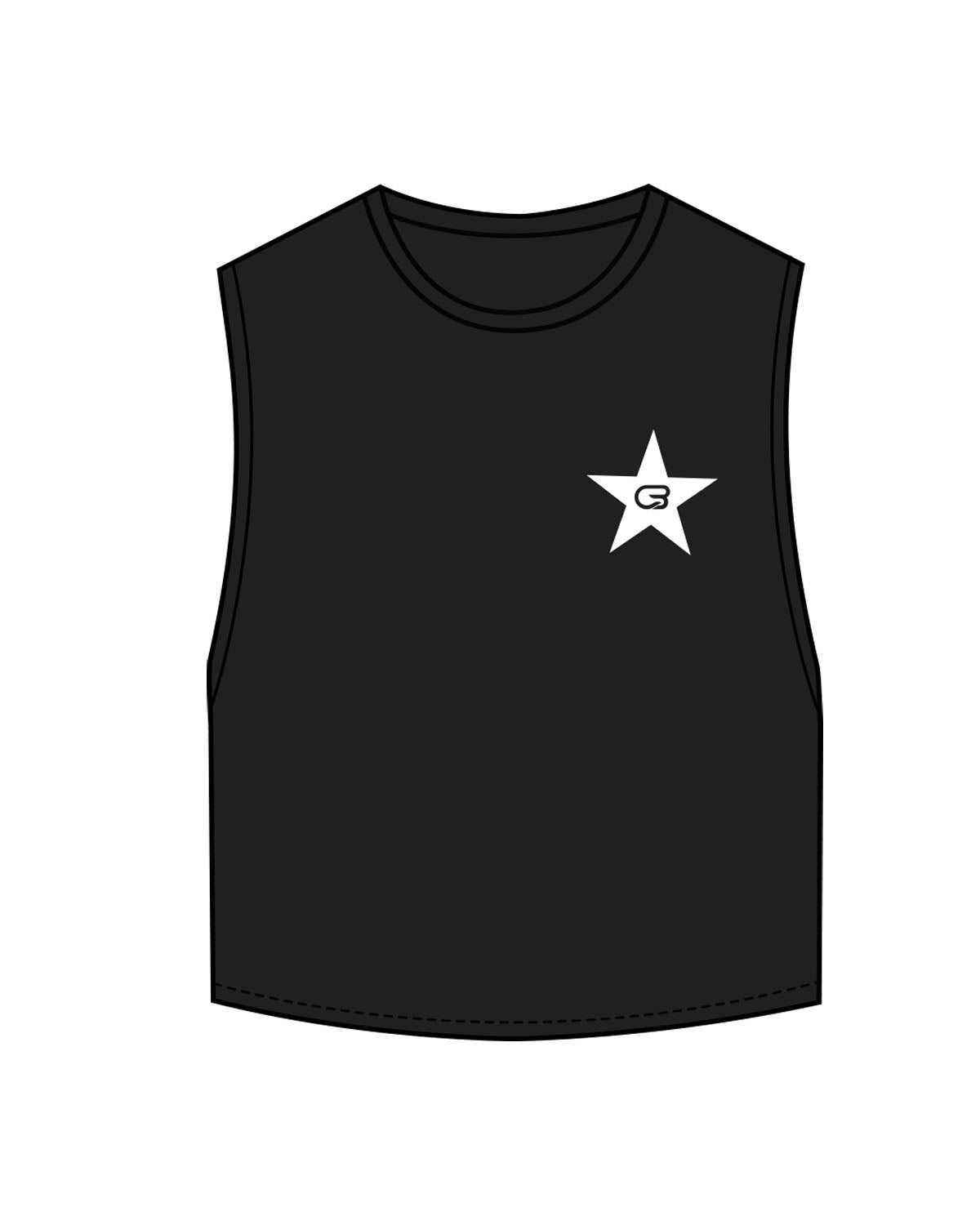 The Crop Muscle Tank - Black - Cyclebar - Left Chest Star & Back Stacked - Printed - White