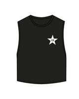 The Crop Muscle Tank - Black - Cyclebar - Left Chest Star & Back Stacked - Printed - White