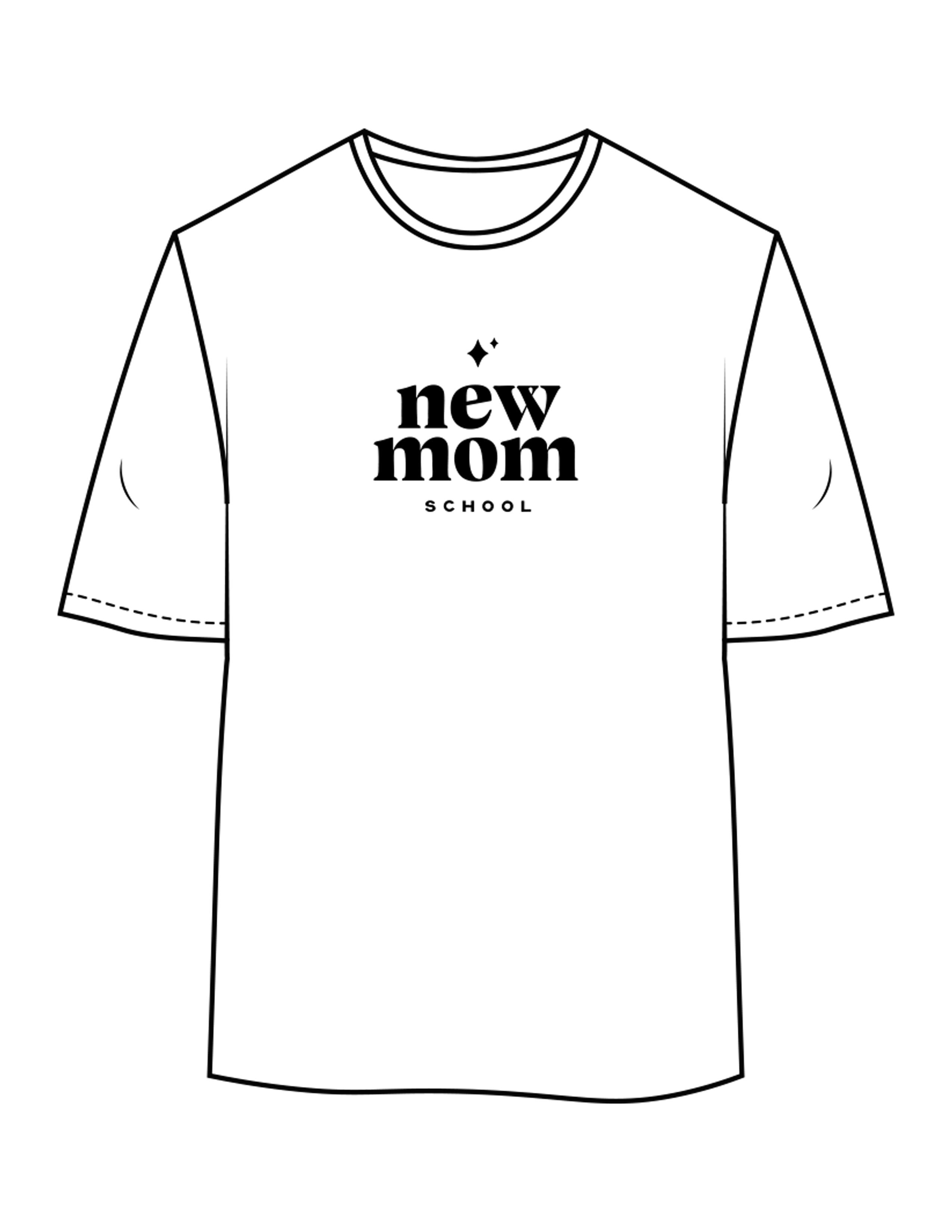The Womens Oversized Tee - White - New Mom School - Center Chest Stacked - Printed - Black