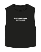 The Crop Muscle Tank - Black - Cake Factory - Center Chest Stacked & Full Back - White