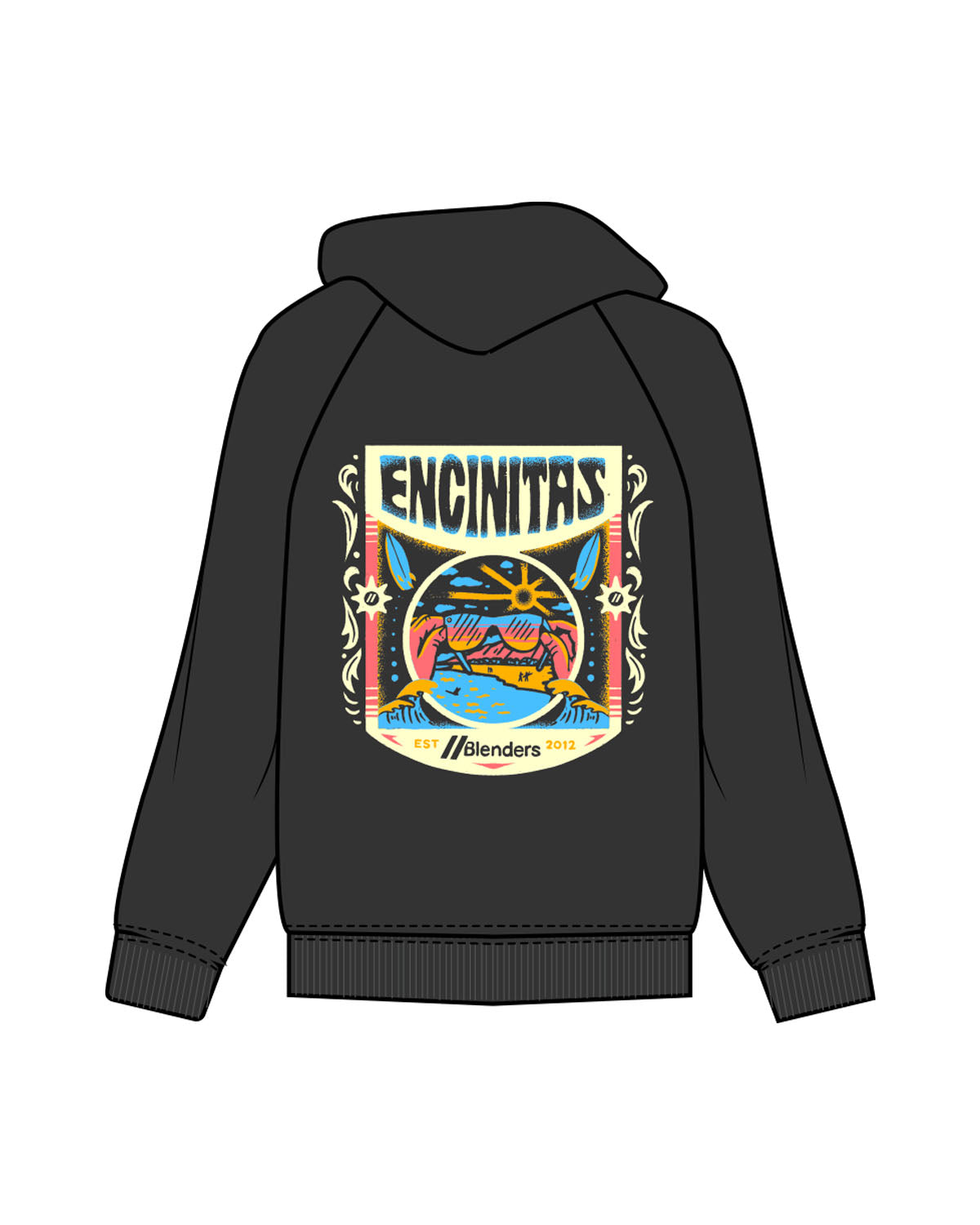 The Mens Hoodie - Washed Black - Blenders - Left Chest & Back "ENCINITAS" - Printed - Full Color